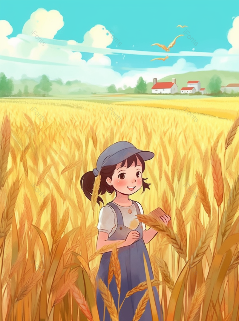 乡村连衣裙小女孩麦田金色秋季丰收竖版插画,插画/手绘图,插画/手绘图库,插画/手绘图下载,插画/手绘